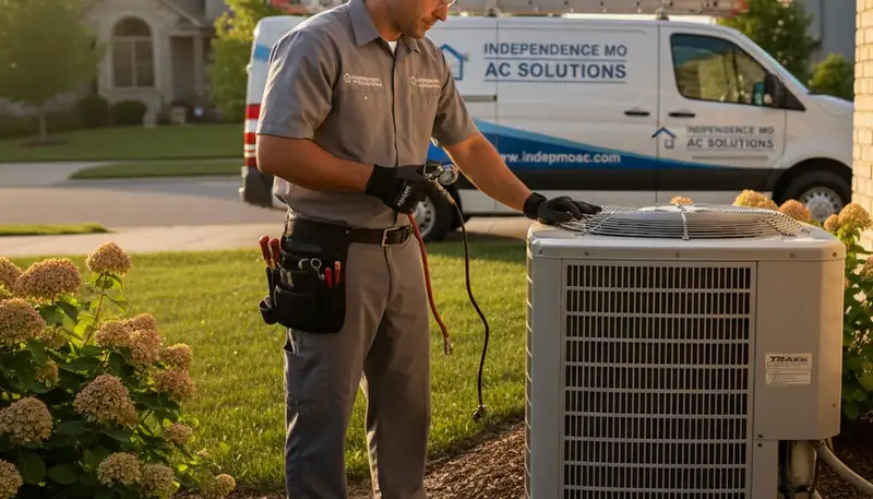 Professional AC repair technician servicing air conditioner in Kansas City MO home