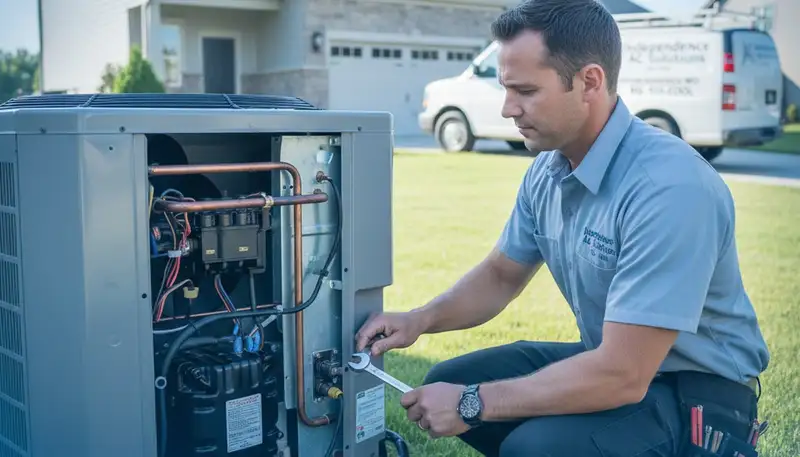 Professional AC repair service technician in Kansas City MO fixing residential air conditioning unit