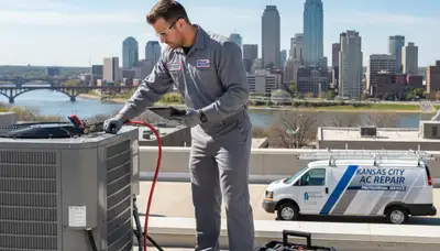 HVAC technician performing AC repair service in Kansas City MO home