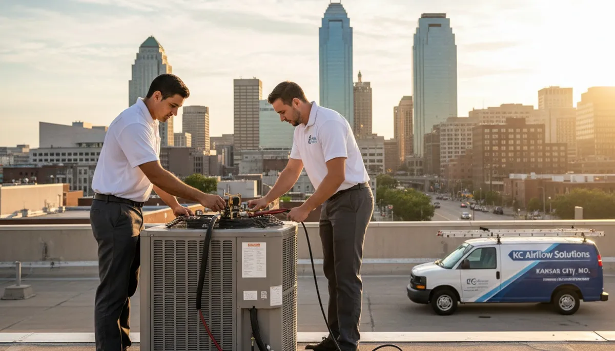 Professional AC repair technician servicing air conditioner in Kansas City MO home