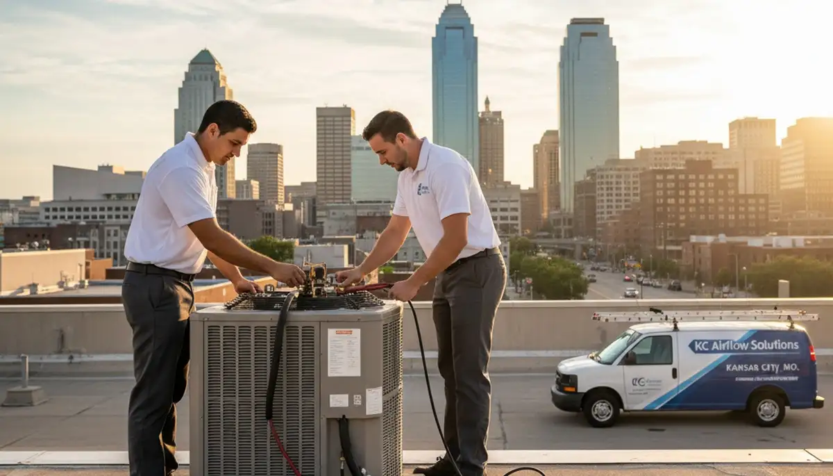 Professional AC repair technician servicing air conditioner in Kansas City MO home