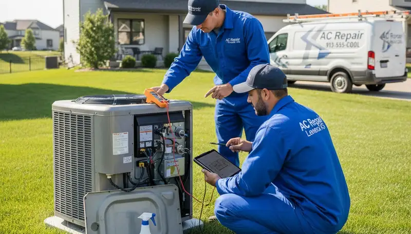 Professional AC repair technician servicing air conditioner in Kansas City MO home