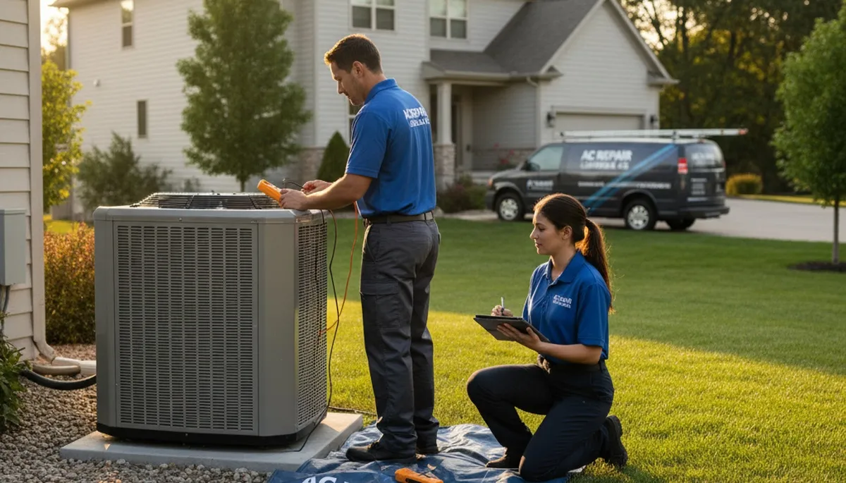 Professional AC repair technician servicing air conditioner in Kansas City MO home