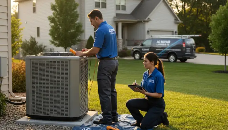 Professional AC repair technician servicing air conditioner in Kansas City MO home