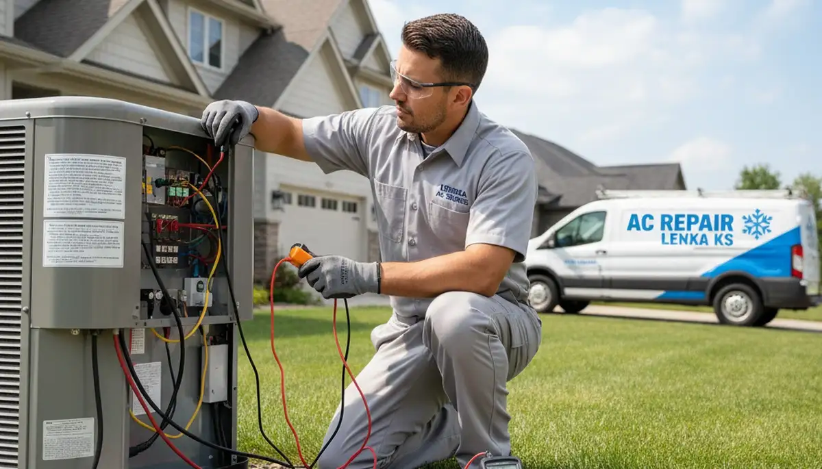 Professional AC repair technician servicing air conditioner in Kansas City MO home