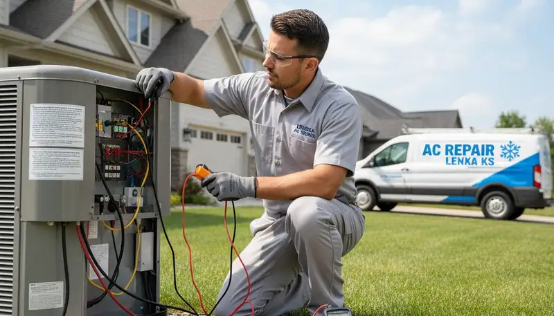 Professional AC repair technician servicing air conditioner in Kansas City MO home