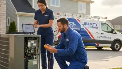 Professional AC repair technician servicing air conditioner in Kansas City MO home