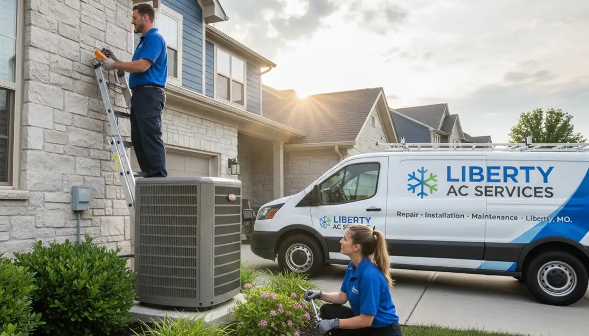Professional AC repair technician servicing air conditioner in Kansas City MO home