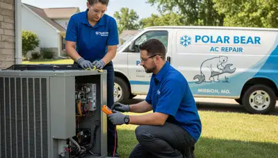 Professional AC repair technician servicing air conditioner in Kansas City MO home