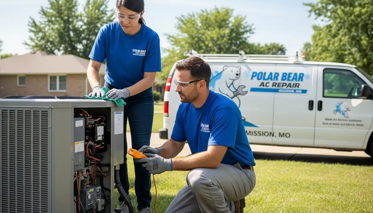Professional AC repair technician servicing air conditioner in Kansas City MO home
