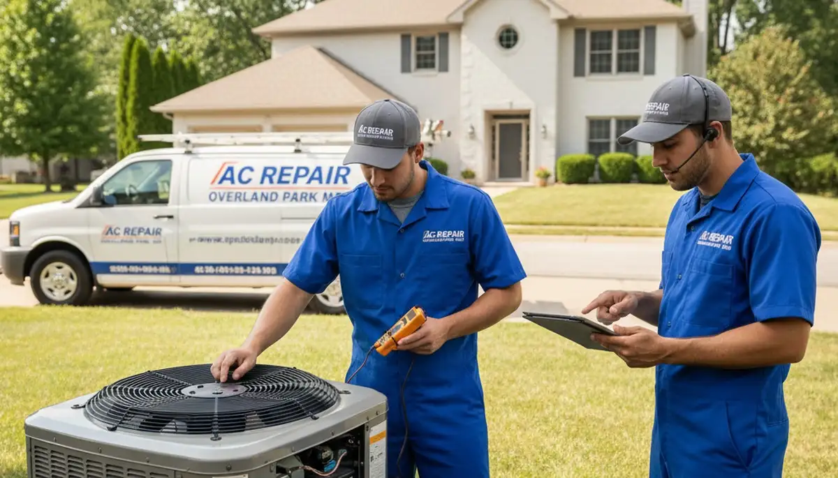 Professional AC repair technician servicing unit in Kansas City MO home