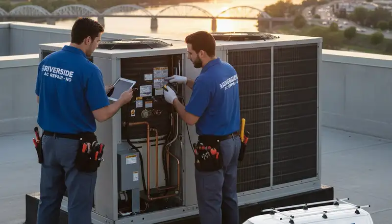 Professional AC repair technician servicing cooling unit in Kansas City, MO home