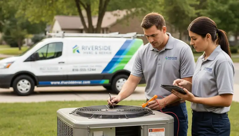 Professional AC repair technician servicing air conditioner in Kansas City MO home