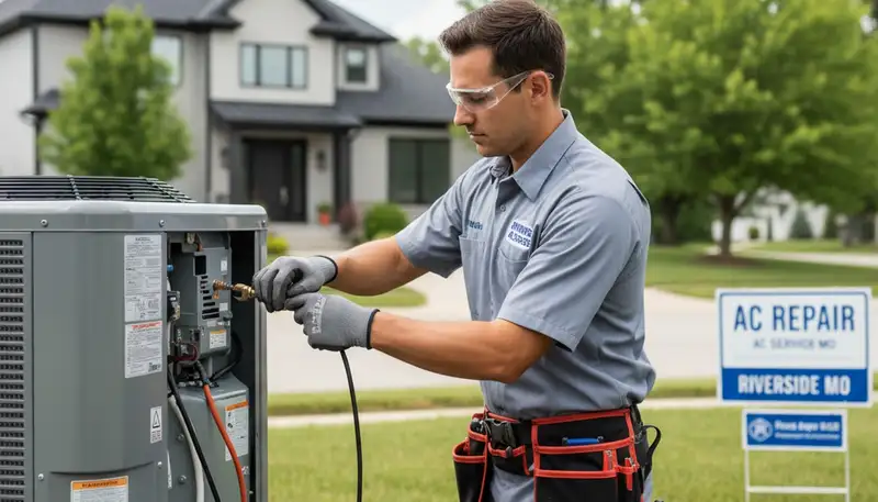 AC repair technician servicing residential air conditioner in Kansas City MO