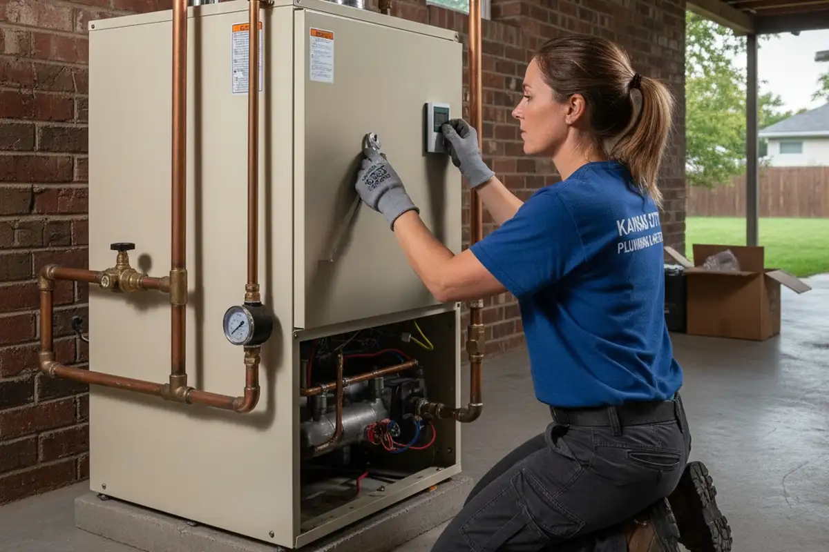 Technician completing boiler repair and final checks at Kansas City MO home by Five Star Cooling