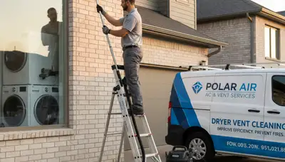 Technician cleaning dryer vent in Kansas City, MO for Five Star Cooling home maintenance service