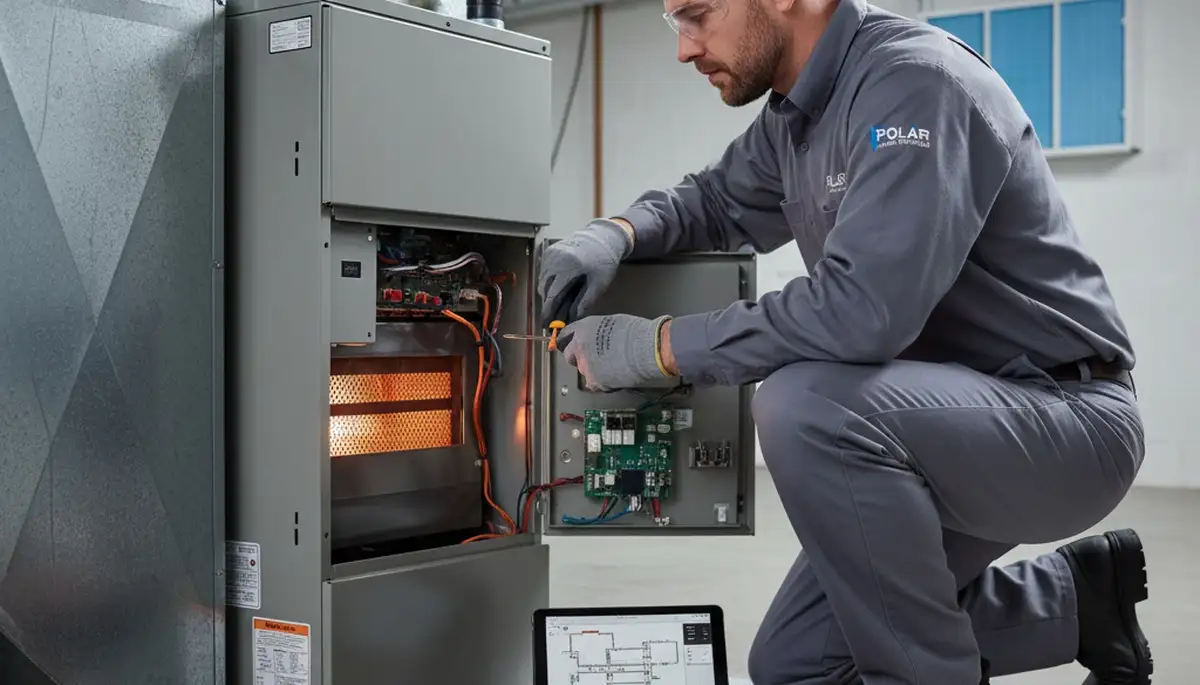 Technician performing furnace repair service in Kansas City, MO home for Five Star Cooling