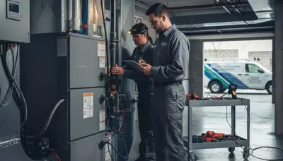 Technician performing heating repair on furnace in Kansas City, MO home