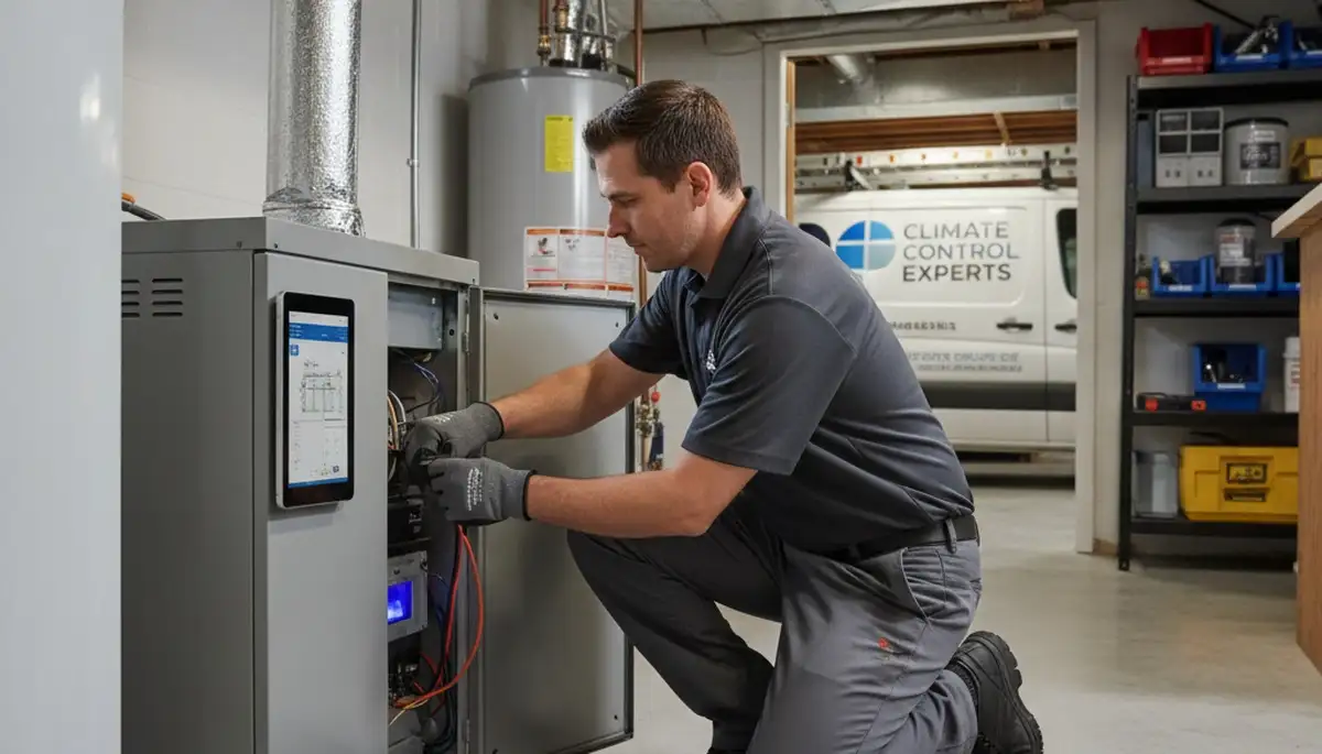 Technician performing heating repair on furnace in Kansas City, MO home