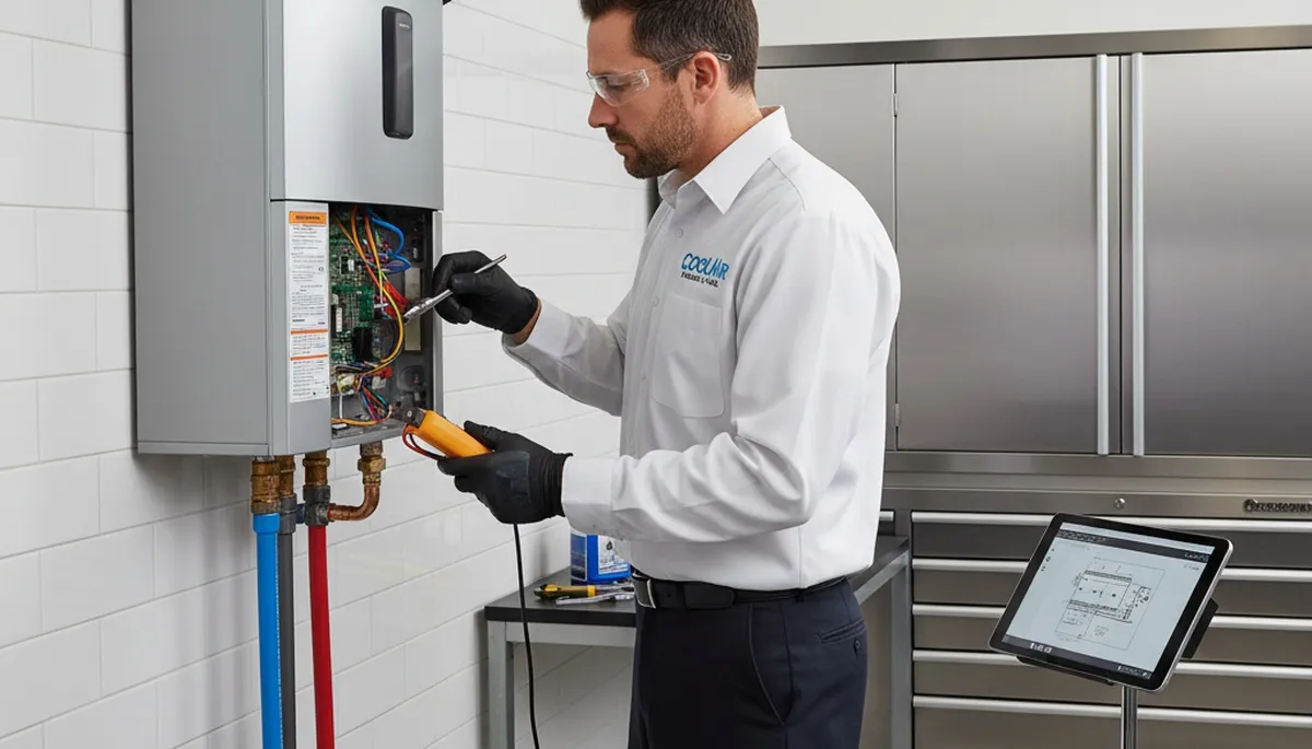 Technician performing water heater repair in Kansas City MO home by Five Star Cooling