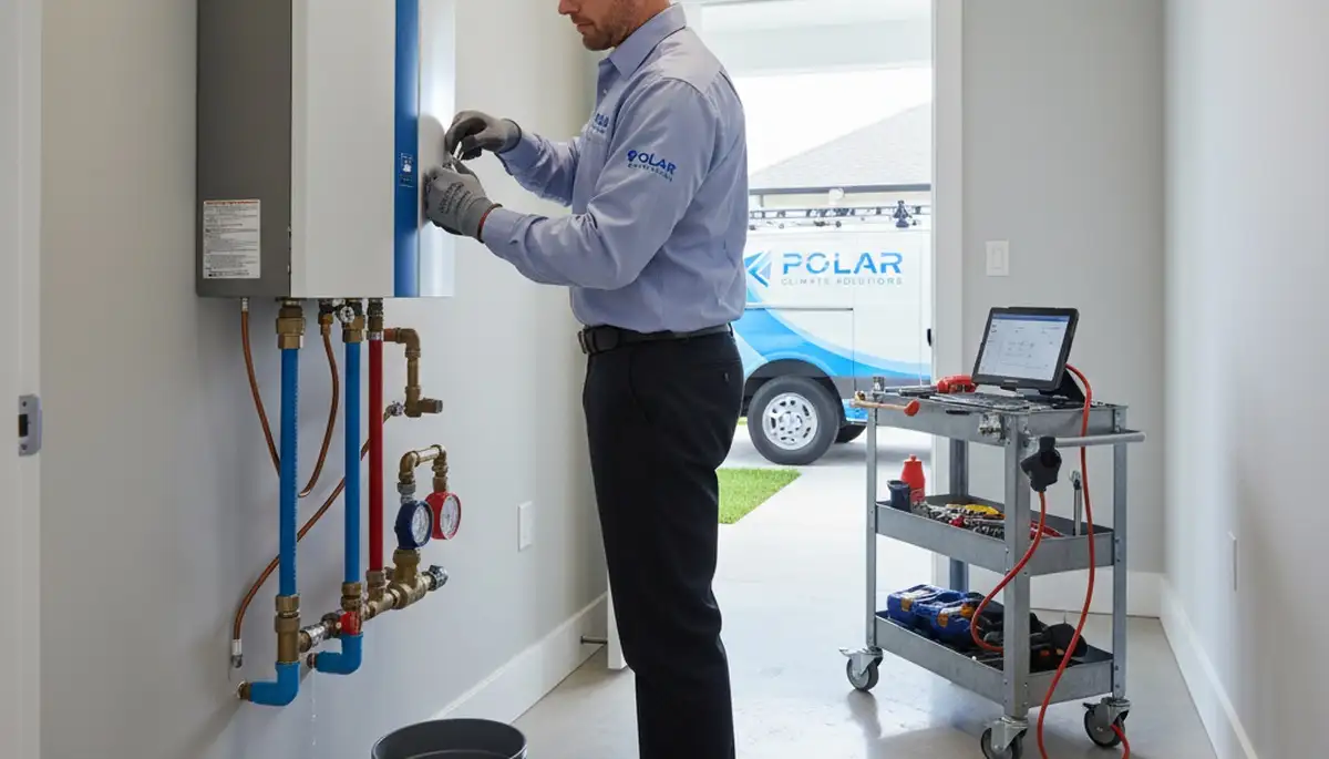 Technician performing water heater repair in Kansas City MO for Five Star Cooling homeowners